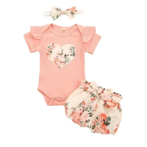Citgeett Summer Baby Girl Clothes Set Ruffle Short Sleeve Knit Romper + Floral Shorts + Headband Sweet Set