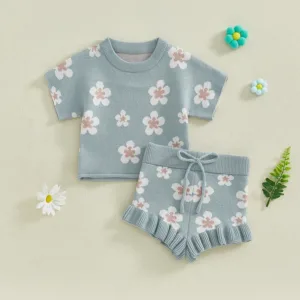 2024-11-29 Lioraitiin Spring Newborn Infant Toddler Baby Girl Clothes Set Short Sleeve Floral Print Knit Tops+Shorts 2Pcs Outfit