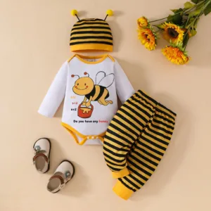 Infant Baby Clothes Sets Boys Girls Long Sleeve Cartoon Prints Romper Bodysuit Striped Pants Hat 3Pieces Outfits Baby Clothing
