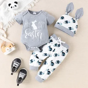 Baby Gift Set Girl Infant Boys Girls Short Sleeve Easter Rabbit Prints Romper Bodysuit Pants Hat Little Girl Size 8 Clothes