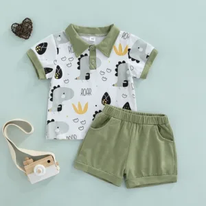 2022-03-12 6M-4T Lioraitiin Summer Toddler Kids Boys Casual Suit Cartoon Printed Short Sleeve Tops+Short Pants Clothes Set