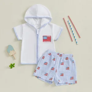 Toddler Baby Boy 4th of July Outfits Short Sleeve Zip Up Hooded Tops + Shorts Set Clothes
