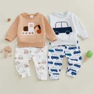 2024-08-29 Lioraitiin Toddler Baby Boy Outfit Car Embroidery Long Sleeve Pullover Sweatshirt Elastic Waist Pants 2 Piece Set