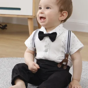 Baby Boy Gentleman's formal Clothes Wedding Outfit Suits, Infant Boy Summer Set, Dress Shirt+Vest+Suspender Pants+Bowtie