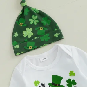 St Patrick s Day Baby Boys Shamrock Print Round Neck Long Sleeve Rompers Long Pants Hat 3Pcs Outfit Set in Ireland Theme
