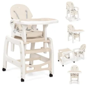 5 in 1 Baby High Chair, Convertible Toddler Table Chair Set, Rocking Chair, Multi-Function Seat with Lockable Universal Wheels