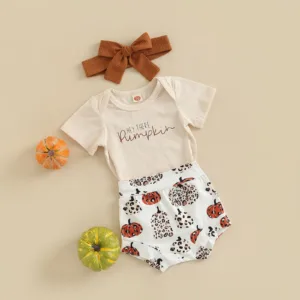 Citgeett Summer Halloween Infant Baby Girls Clothes Set Letter Short Sleeve Romper and Pumpkin Shorts Headband Suit