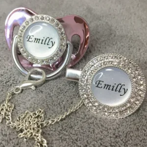 MIYOCAR custom glitter name photo gold pink bling pacifier and pacifier clip silver BPA free dummy bling glitter design P11-1-BG