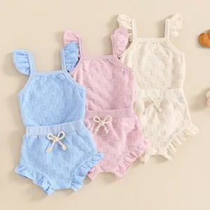 Lioraitiin Baby Girl Summer Set Fly Sleeve Square Neck Romper Elastic Waist Shorts Toddler Outfits