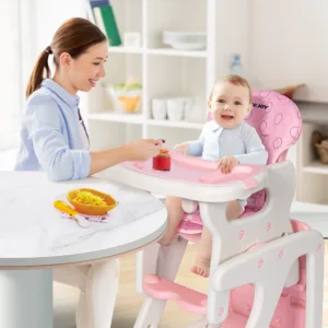 Baby High Chair Foldable & 2-in-1 with Table Footrest, Detachable Double Tray, Easy to Clean Feeding Detachable Highchair