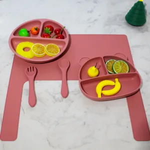 5pcs Children's silicone tableware, infant complementary food mat, grid plate, bowl, fork, spoon tableware set