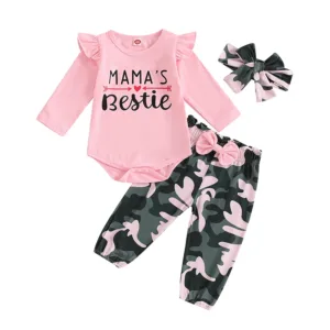 Pudcoco Baby Girls 3Pcs Fall Outfits Long Sleeve Romper + Camouflage Pants + Headband Set Infant Clothes 0-18M
