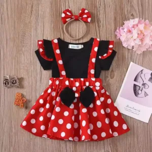 Minnie Mouse Girl Suit Children's Dress Baby Clothes Set Summer Birthday Costume Polka Dot Sundress Bow Headband Skirt Set